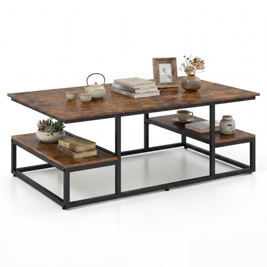 43" Rectangle Coffee Table with Storage and Open Shelves-Rusticbrown W2B