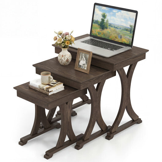 3 Pieces Nesting Coffee Table Side Table with Solid Rubber Wood Legs-Brown W2B