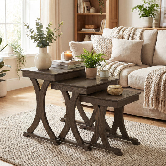 3 Pieces Nesting Coffee Table Side Table with Solid Rubber Wood Legs-Brown W2B