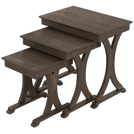 3 Pieces Nesting Coffee Table Side Table with Solid Rubber Wood Legs-Brown W2B
