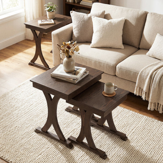 3 Pieces Nesting Coffee Table Side Table with Solid Rubber Wood Legs-Brown W2B