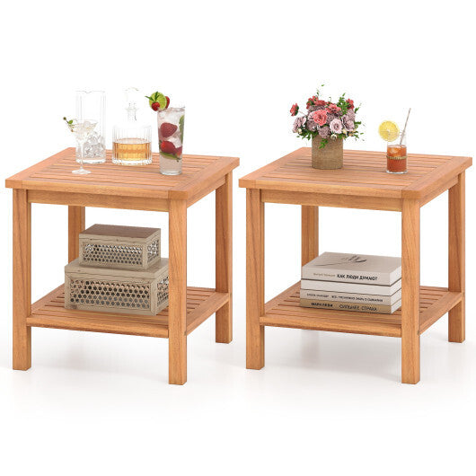 Patio Acacia Wood Side Table Set of 2 with Slatted Tabletop and Storage Shelf W2B