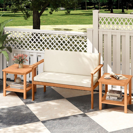 Patio Acacia Wood Side Table Set of 2 with Slatted Tabletop and Storage Shelf W2B