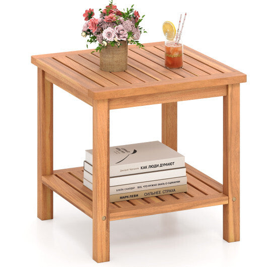 Patio Acacia Wood Side Table with Slatted Tabletop and Storage Shelf W2B