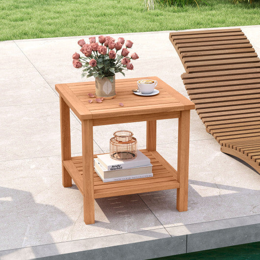 Patio Acacia Wood Side Table with Slatted Tabletop and Storage Shelf W2B