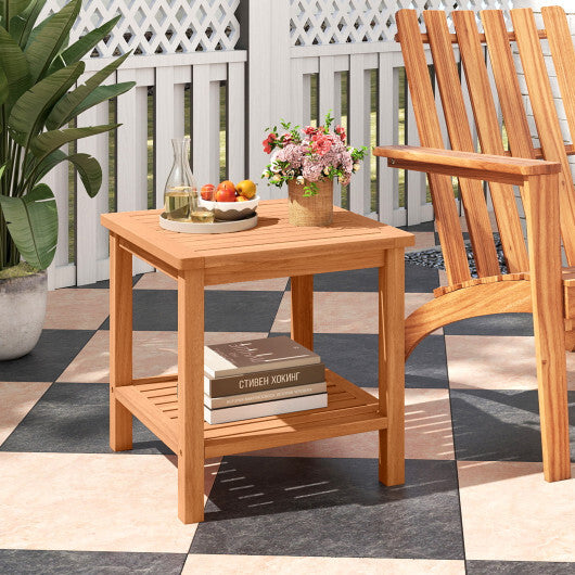 Patio Acacia Wood Side Table with Slatted Tabletop and Storage Shelf W2B