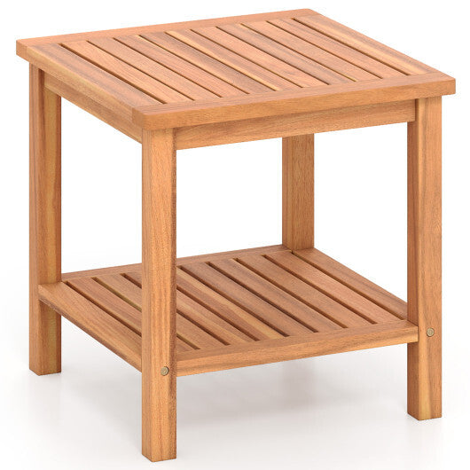 Patio Acacia Wood Side Table with Slatted Tabletop and Storage Shelf W2B
