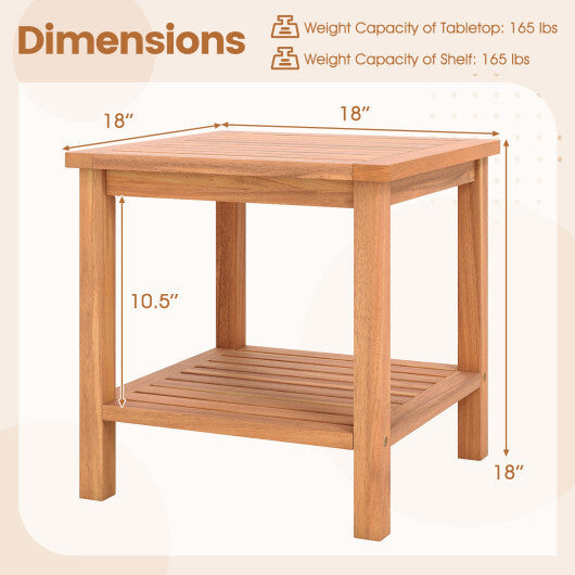 Patio Acacia Wood Side Table with Slatted Tabletop and Storage Shelf W2B