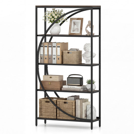 5-Tier Bookshelf with Half-Moon Shape for Living Room and Home Office-Rustic Brown W2B
