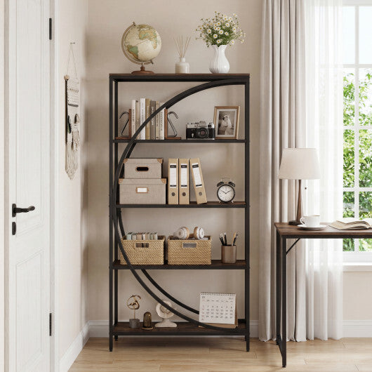 5-Tier Bookshelf with Half-Moon Shape for Living Room and Home Office-Rustic Brown W2B