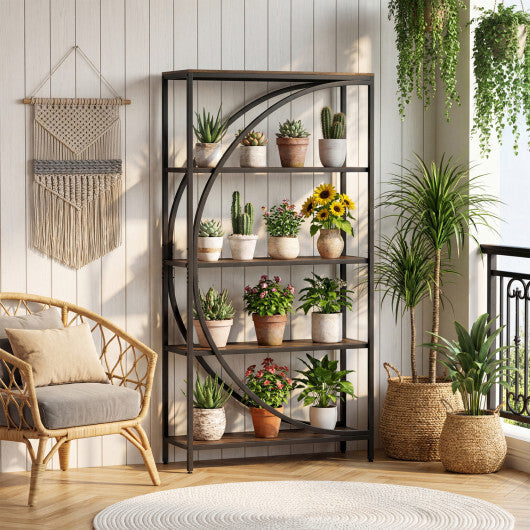 5-Tier Bookshelf with Half-Moon Shape for Living Room and Home Office-Rustic Brown W2B