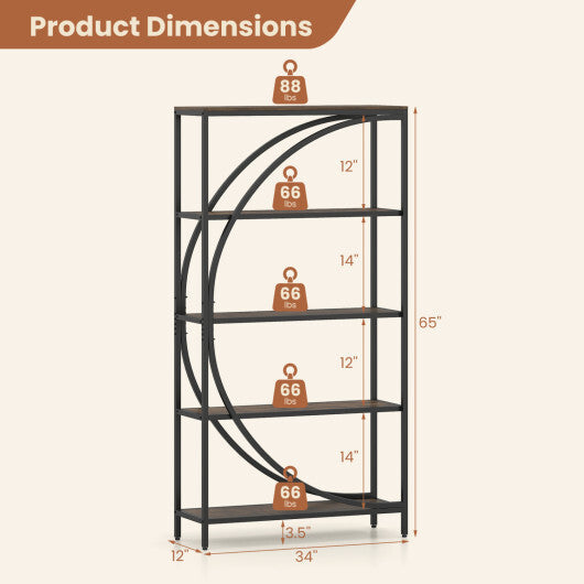 5-Tier Bookshelf with Half-Moon Shape for Living Room and Home Office-Rustic Brown W2B