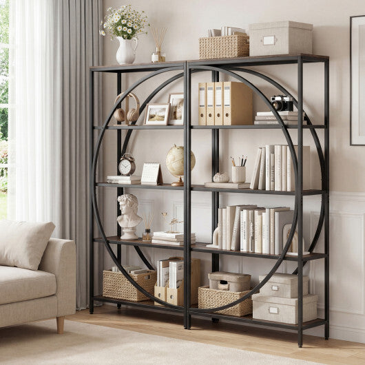 5-Tier Bookshelf with Half-Moon Shape for Living Room and Home Office-Rustic Brown W2B