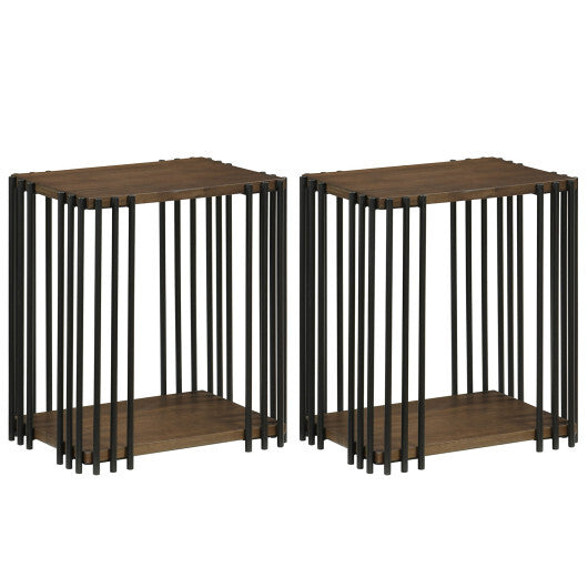 Rubber Wood Side Table Set of 2 with 2-Layer Storage Shelves and Metal Frame-Walnut W2B