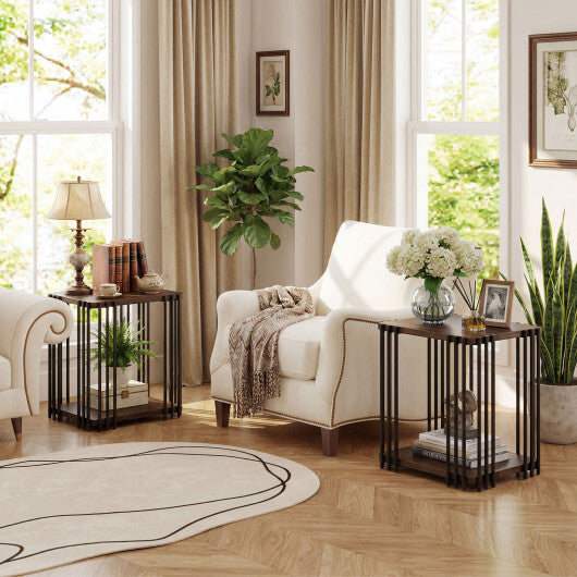 Rubber Wood Side Table Set of 2 with 2-Layer Storage Shelves and Metal Frame-Walnut W2B