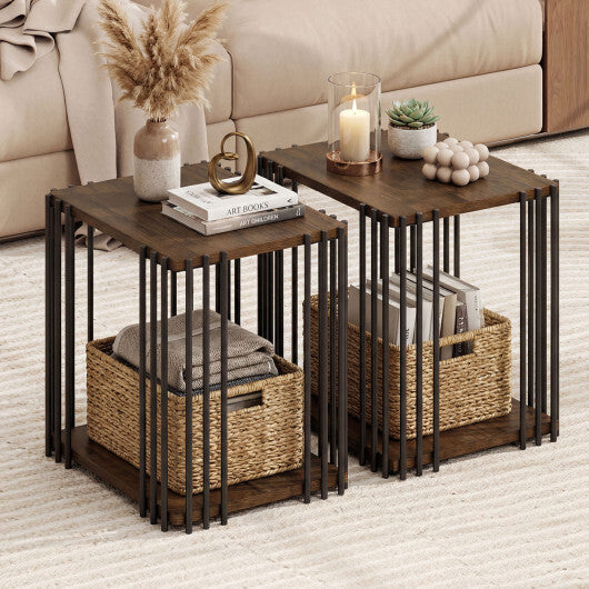 Rubber Wood Side Table Set of 2 with 2-Layer Storage Shelves and Metal Frame-Walnut W2B