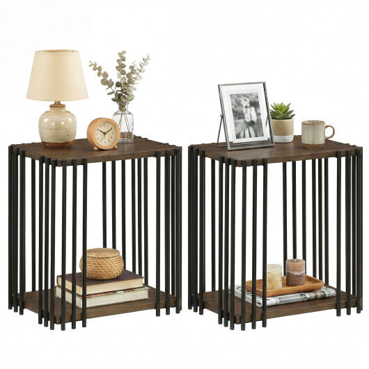 Rubber Wood Side Table Set of 2 with 2-Layer Storage Shelves and Metal Frame-Walnut W2B