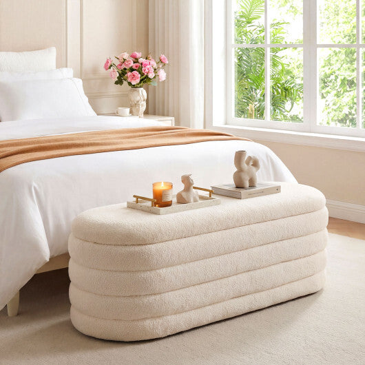 Upholstered Fabric Storage Ottoman Bench for End of Bed with 2 Struts-White W2B