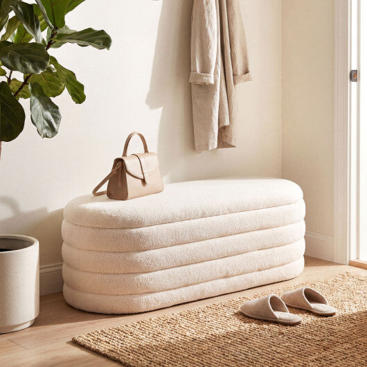 Upholstered Fabric Storage Ottoman Bench for End of Bed with 2 Struts-White W2B