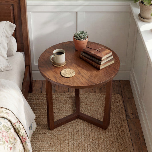 22.5 inch Round Side Table Farmhouse End Table with Sturdy Rubber Wood Legs and Triangular Structure-Natural W2B