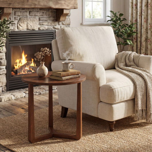 22.5 inch Round Side Table Farmhouse End Table with Sturdy Rubber Wood Legs and Triangular Structure-Natural W2B