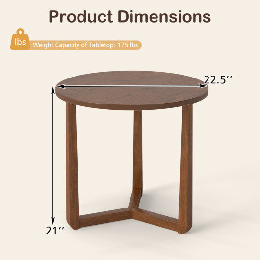 22.5 inch Round Side Table Farmhouse End Table with Sturdy Rubber Wood Legs and Triangular Structure-Natural W2B