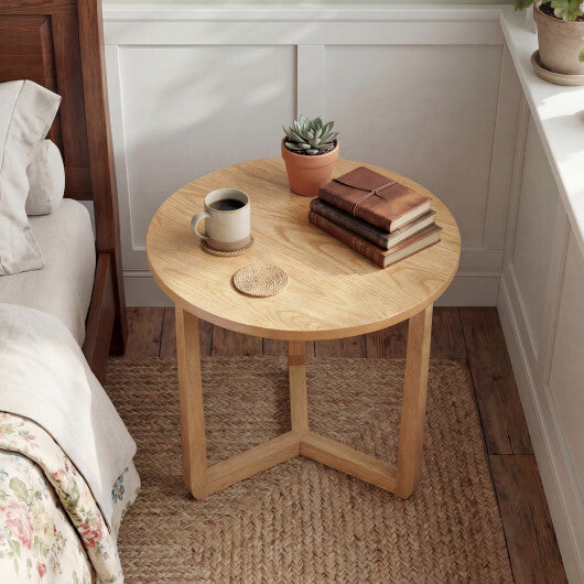 22.5 inch Round Side Table Farmhouse End Table with Sturdy Rubber Wood Legs and Triangular Structure-Natural W2B