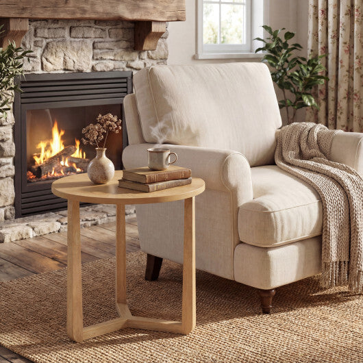 22.5 inch Round Side Table Farmhouse End Table with Sturdy Rubber Wood Legs and Triangular Structure-Natural W2B