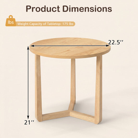 22.5 inch Round Side Table Farmhouse End Table with Sturdy Rubber Wood Legs and Triangular Structure-Natural W2B