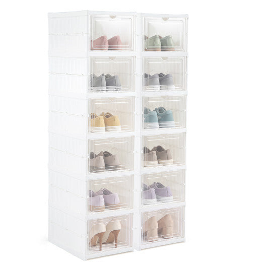 6-Tier Shoe Organizer Set of 2 with Clear Doors and Portable Design for 12 Pairs-White W2B