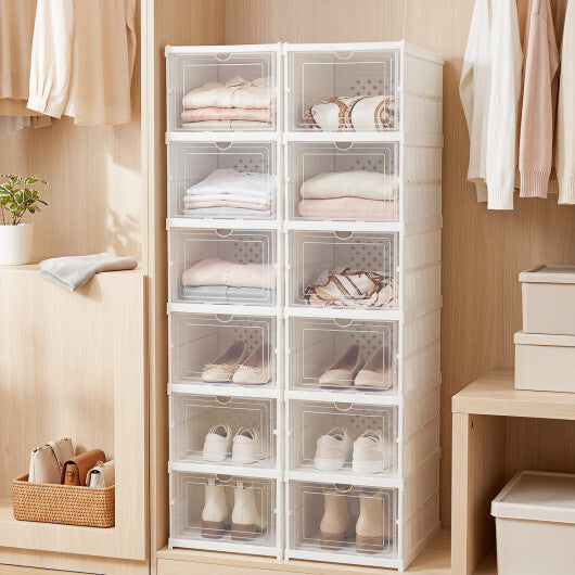 6-Tier Shoe Organizer Set of 2 with Clear Doors and Portable Design for 12 Pairs-White W2B