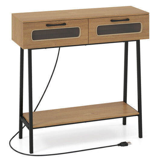 Console Table with LED Lights and Open Shelf for Hallway Entrance-Natural W2B