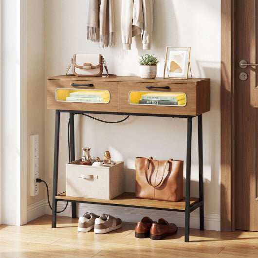 Console Table with LED Lights and Open Shelf for Hallway Entrance-Natural W2B