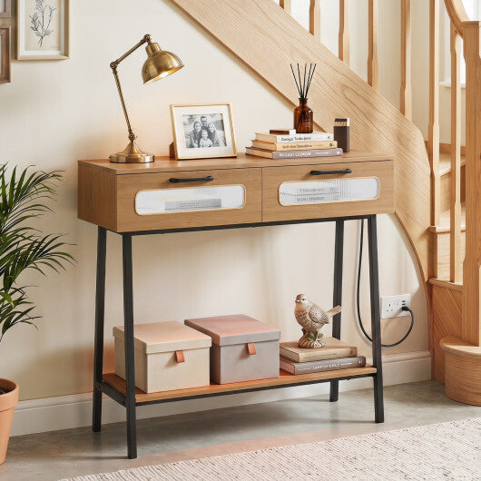 Console Table with LED Lights and Open Shelf for Hallway Entrance-Natural W2B