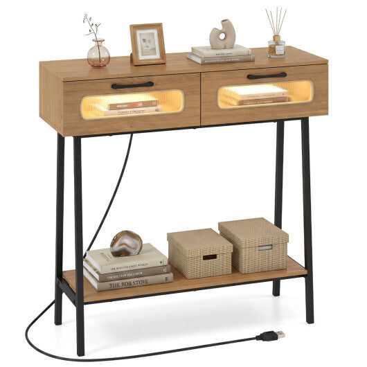 Console Table with LED Lights and Open Shelf for Hallway Entrance-Natural W2B
