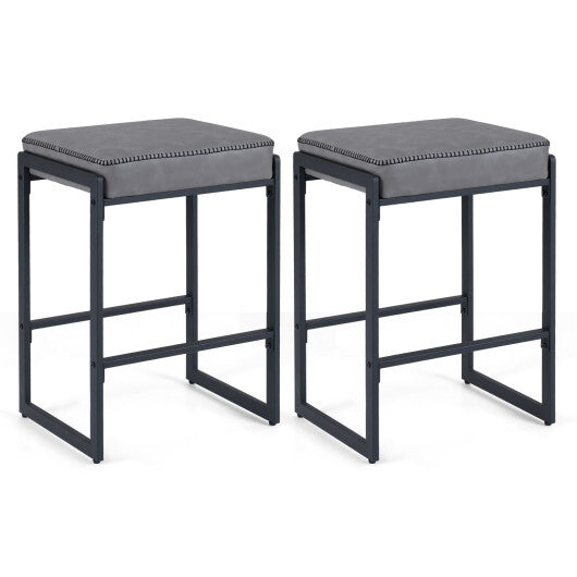 26 inch Bar Stools Set of 2 Counter Height Barstools with Faux Leather Upholstered Seat-Gray