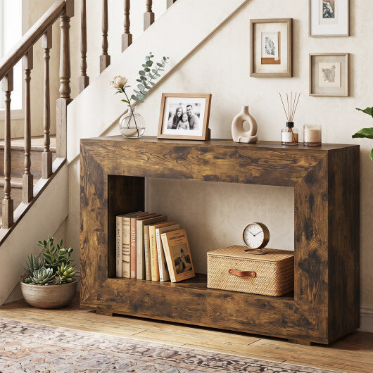 47" 2-Tier Farmhouse Console Table with Open Storage Shelf for Living Room-Rustic Brown W2B