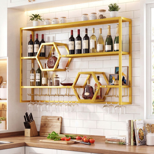 Wall Mounted Wine Rack 47" Large Floating Bar Shelves-Gold W2B
