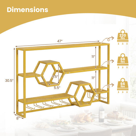 Wall Mounted Wine Rack 47" Large Floating Bar Shelves-Gold W2B