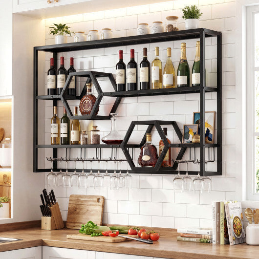 Wall Mounted Wine Rack 47" Large Floating Bar Shelves-Gold W2B