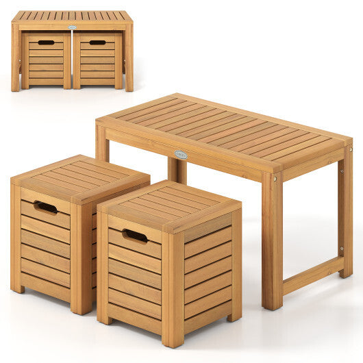 Acacia Wood Outdoor Coffee Table with Stools Set of 2 3 Pieces Patio Table and Stools Set W2B