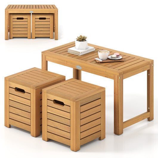 Acacia Wood Outdoor Coffee Table with Stools Set of 2 3 Pieces Patio Table and Stools Set W2B