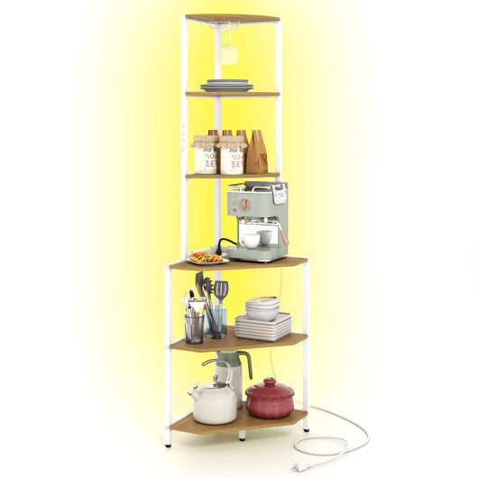 65 Inch 6-Tier Corner Shelf with Charging Station and Ambience Light-Natural W2B