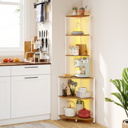 65 Inch 6-Tier Corner Shelf with Charging Station and Ambience Light-Natural W2B