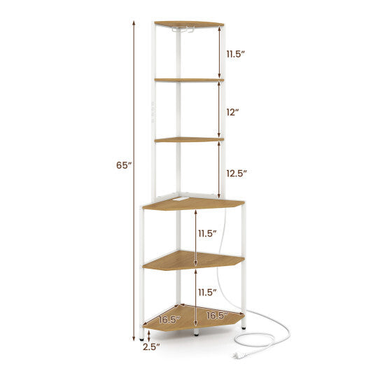 65 Inch 6-Tier Corner Shelf with Charging Station and Ambience Light-Natural W2B