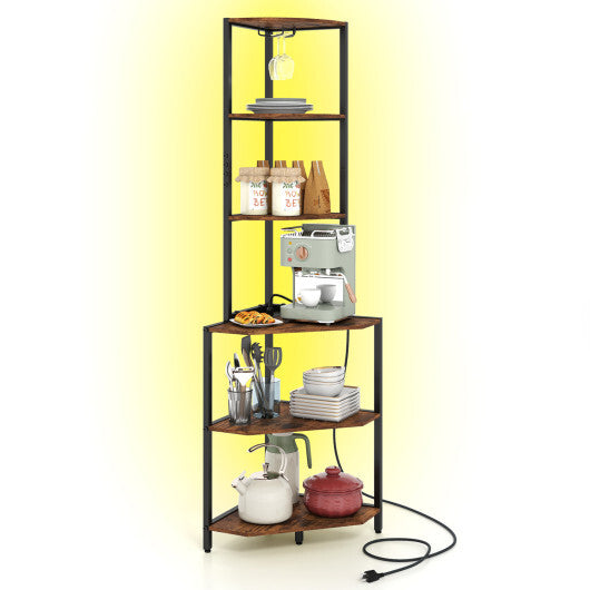 65 Inch 6-Tier Corner Shelf with Charging Station and Ambience Light-Natural W2B