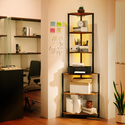 65 Inch 6-Tier Corner Shelf with Charging Station and Ambience Light-Natural W2B