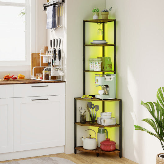 65 Inch 6-Tier Corner Shelf with Charging Station and Ambience Light-Natural W2B