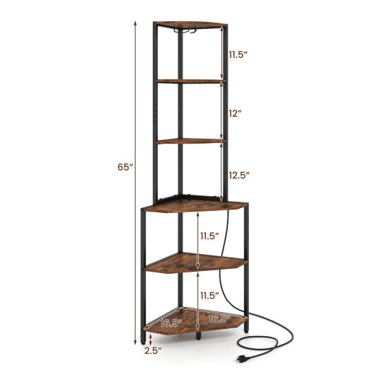 65 Inch 6-Tier Corner Shelf with Charging Station and Ambience Light-Natural W2B