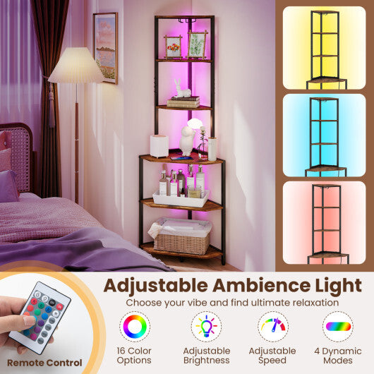 65 Inch 6-Tier Corner Shelf with Charging Station and Ambience Light-Natural W2B